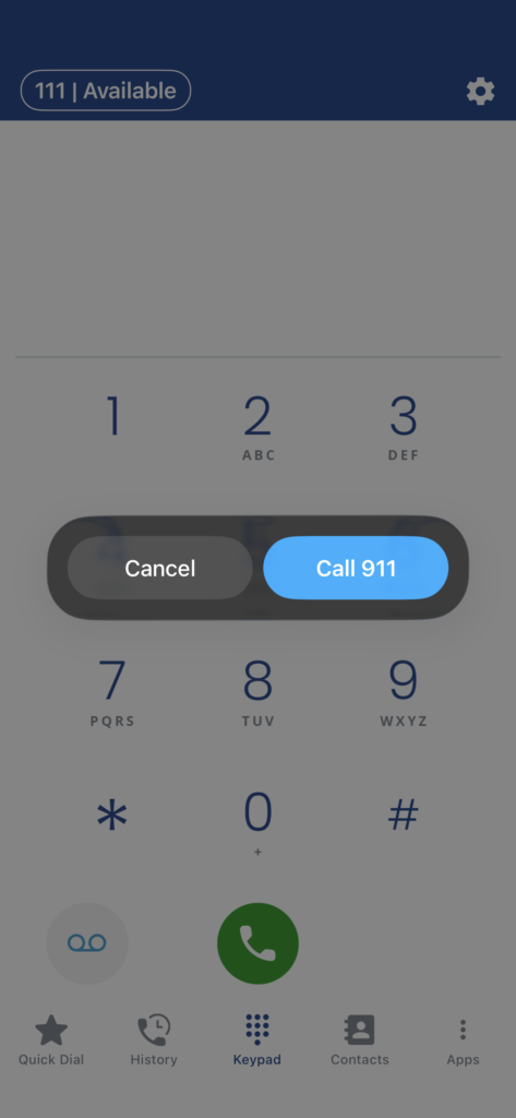 Telephone key pad from the Sangoma Talk Mobile App, with pop-up shown when dialing 911 from a connected extension with configuration for dialing emergencies out the cell network.