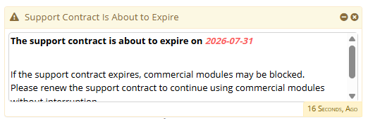 Dashboard notification warning in yellow header with text title that says Support Contract is About to Expire. Inside the notification is more information including the date of expiration.