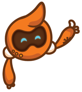 Orange robot with blue eyebrows and no body, showing a thumbs up.