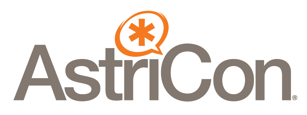 Grey letters for AstriCon with the orange asterisk speech bubble logo as the dot in the i, along with registered trademark R with circle around it in the lower right corner, all on a transparent background.