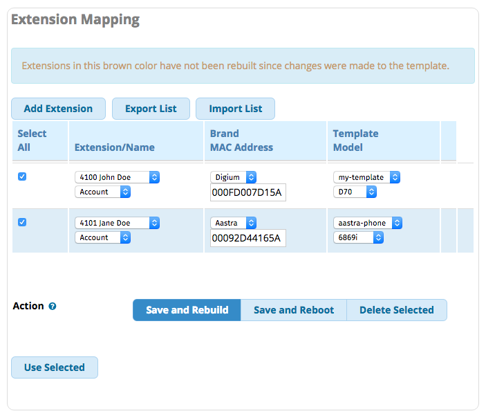 Screenshot of the Extension Mapping for the FreePBX module - EndPoint Manager