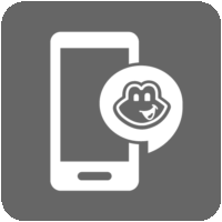 Gray background with White outline of a smart phone with Tango the frog head logo on top.