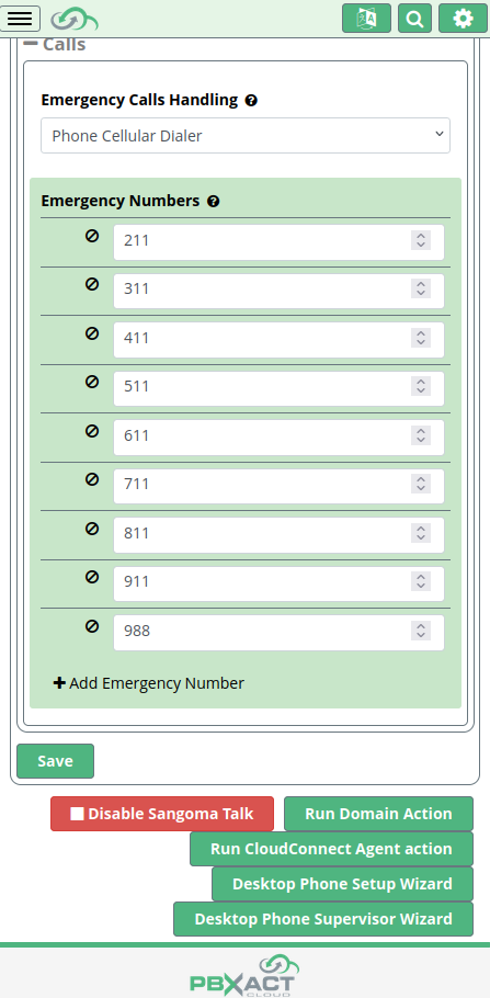 Screen shot from PBXact cloud, showing drop downs for emergency number configuring and a row for each of 211, 311, 411, 511, 611, 711, 811, 911 and 988 to go out the cell network. Mostly green buttons and colors because it is PBXact image.