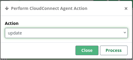 Dialog window showing action for updating the cloud configuration for Sangoma Connect, with a title bar, drop down, and two buttons to Close or Process.