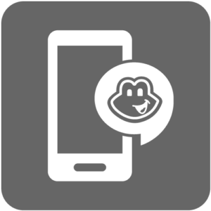 Grey background square with white outline of smart phone and white floating FreePBX mascot Tango the tree frog head in a word bubble on top.