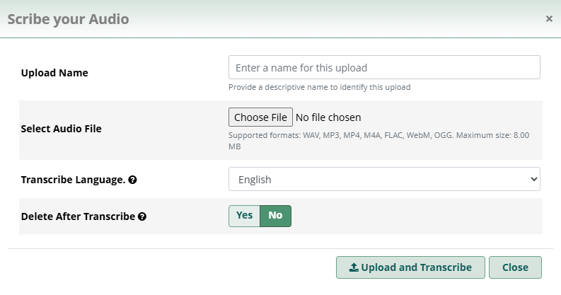 Dialog used for uploading your own audio files to Scribe for transcription. Includes list of multiple file formats.