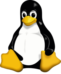 Tux, the Linux penguin, sitting with wings on feet, smiling, in normal penguin colors of black, white and yellow/orange.
